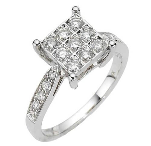 Prong set cluster ring with pave diamond band