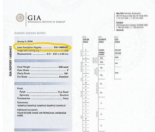 Location of the Laser Inscription Registry on a GIA Report